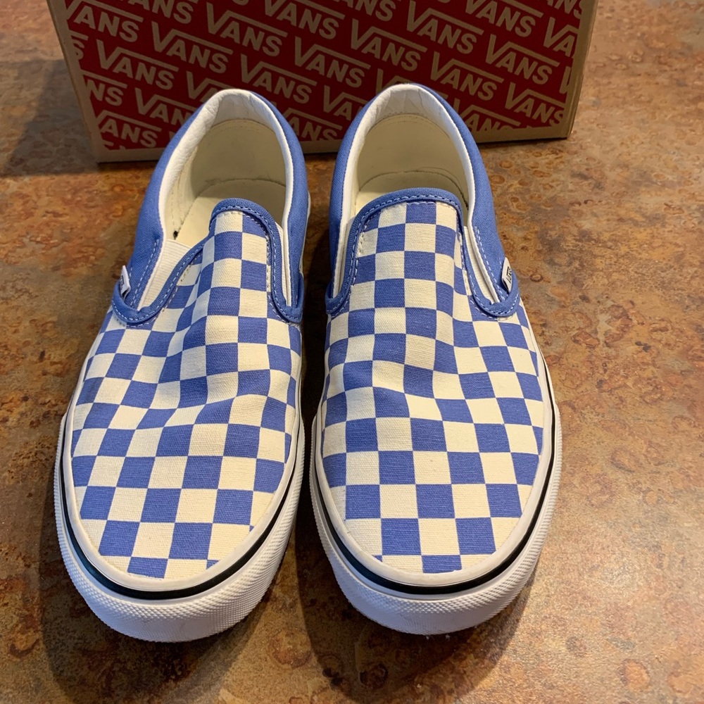 Vans Blue and White Checkered Slip-Ons